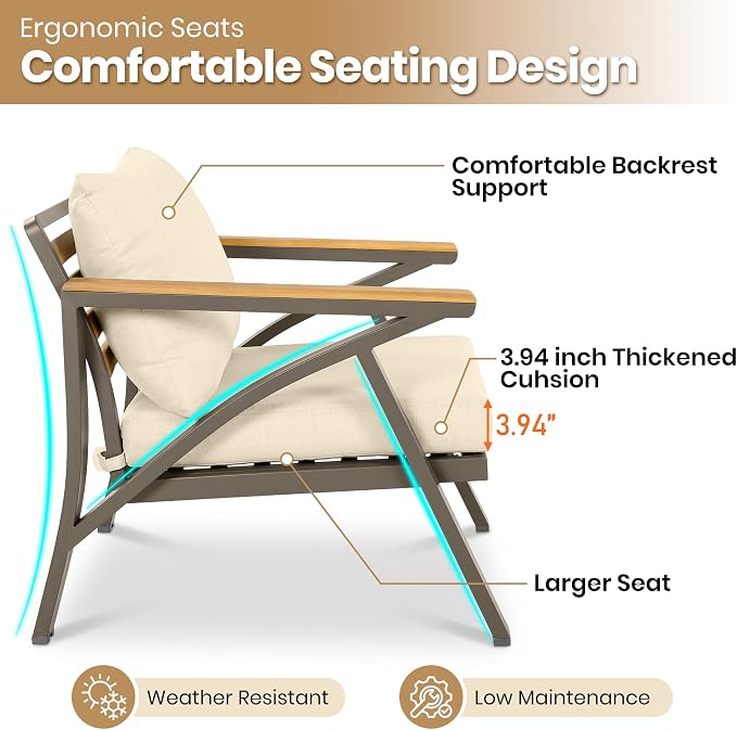 6-Piece Outdoor Patio Furniture Set,Steel Frame Sofa Set with 3-Seat Couch, 2 Armchairs,2 Ottomans & Acacia Wood Coffee Table, Cushioned Seating for Backyard, Garden,Poolside (Cream Beige#56)