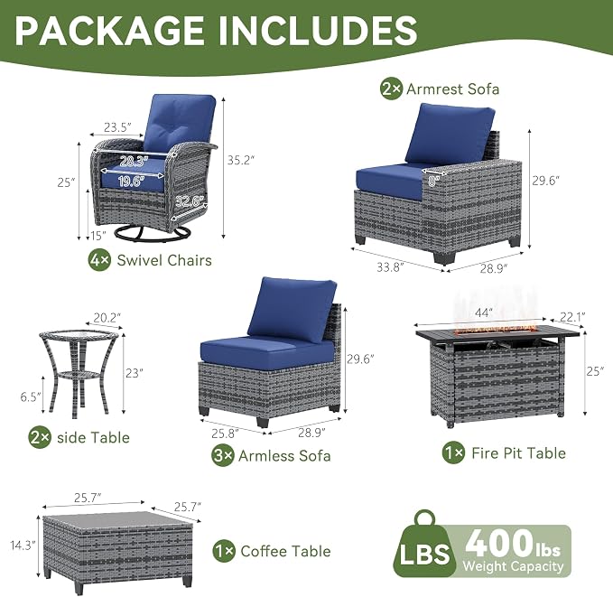 LazySunsets 13 PCS Patio Furniture Set with 44'' Fire Pit Table, Outdoor Sectional All-Weather Wicker Conversation Set with Swivel Rocker Chairs, 4'' Thick Cushions for Backyard Poolside(Navy/Grey)