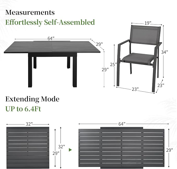 5 Piece Outdoor Dining Set, Expandable Outdoor Patio Dining Table Set for 4-6 Person, Aluminum Outdoor Table and 4 Chairs with Textilene Fabric & Armrest for Patio, Garden, Lawn, Deck(Black)