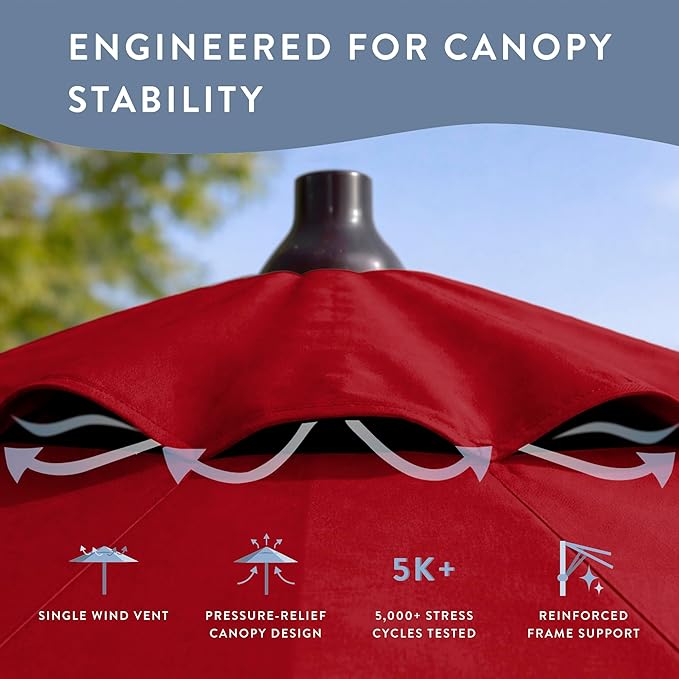 California Umbrella 12-Year Protection 9-Ft Outdoor Patio Umbrella, Sunbrella Fade-Resistant Fabric, Auto-Tilt, Heavy Duty Aluminum Frame, 8 Reinforced Ribs for Pool or Deck, Bronze Pole, Jockey Red