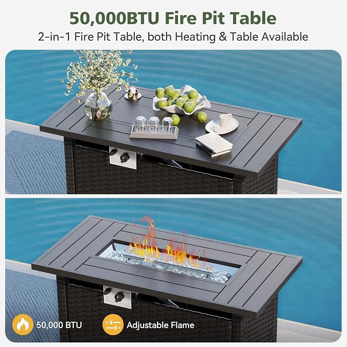 Aoxun 13 Piece Outdoor Patio Furniture Set with 44'' Fire Pit Table, Wicker Rattan Outdoor Furniture with High Back Swivel Rocker Chairs, Outdoor Sofa Set with Thick Cushion & Ottoman, Peacock Blue