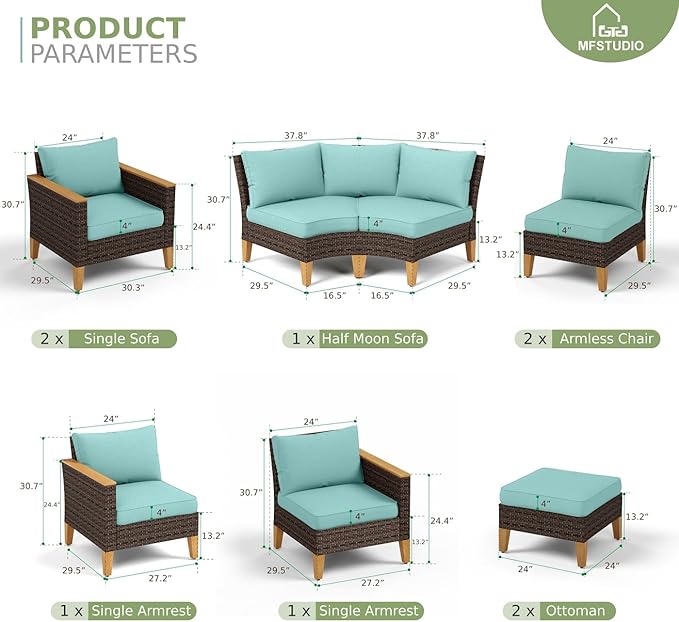 MFSTUDIO 10 Pieces Wicker Patio Furniture Set, Rattan Half-Moon Outdoor Sectional Sofa for Garden, 2 x Curved Sofa, 2 x Armless Chair, 2 x Ottoman, 2 x Corner Couch, 2 x Chair(Aqua Blue Cushions)