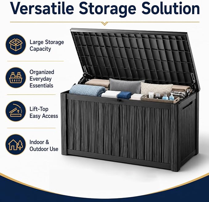 Outdoor Deck Patio Storage Box - 200 Gallon Large Outdoor Deck Box, Plastic Storage Bin with Lid, Outside Toy Box & Pool Storage Container for Cushions, Garden Tools, Towel, Black