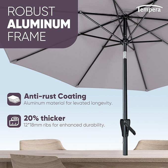 Tempera Patio Market Outdoor Table Umbrella with Push Button Tilt and Crank, Large Sun Umbrella with Sturdy Pole & Fade Resistant Canopy, Easy to Set