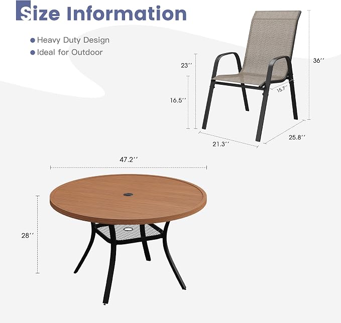 VICLLAX Round Patio Dining Set for 6, Metal Slatted Patio Table with Umbrella Hole and Stackable Patio Chairs for Deck Lawn Garden, Brown Fabric and Walnut Tabletop