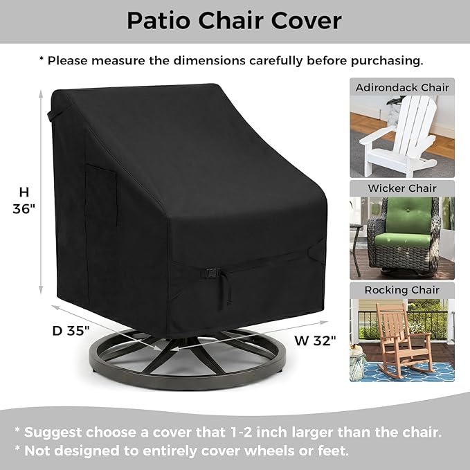 Dntorx 2 Pack Waterproof Patio Chair Covers, 32W x 35D x 36H Inches Durable Patio Furniture Covers with 1 Handbag for Lounge Deep Seat, Adjustable Waist Belt & Windproof & Breathable(Black)