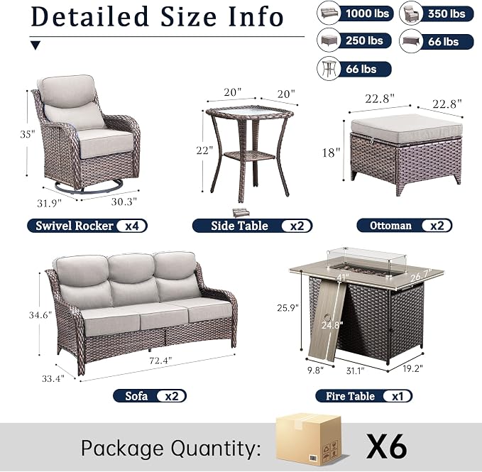 Luxury 6" Thick Cushion 11 Pieces Wicker Patio Furniture Set with 41”Fire Table, Outdoor Conversation Set with Swivel Rocker Chairs Set of 4 and Patio Couch for Deck Porch Yard and Poolside
