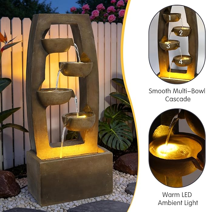 37.6" Modern 4-Bowl Outdoor Water Fountain with LED Lights and Pump, Floor Standing Waterfall Feature Outdoor Garden Fountain for Garden, Patio, Porch, Yard and Backyard Decor, Brown