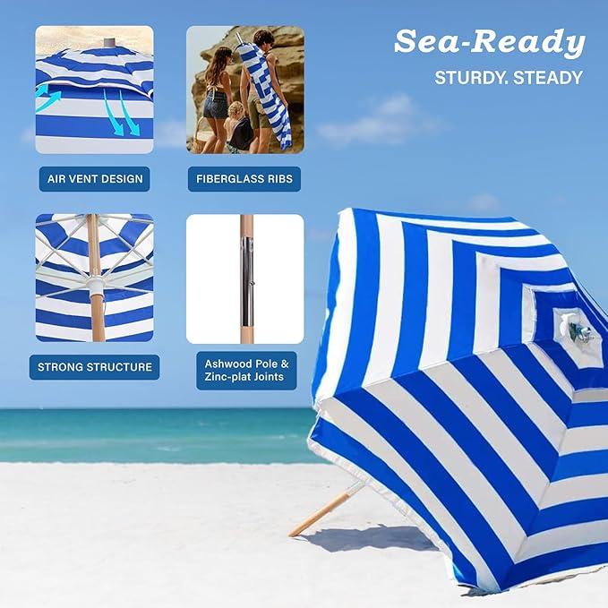 AMMSUN 7.5ft Heavy Duty HIGH Wind Beach Umbrella Commercial Grade Patio Beach Umbrella with Air Vent Ash Wood Pole & Carry Bag UPF 50+ Protection Stripe Blue white