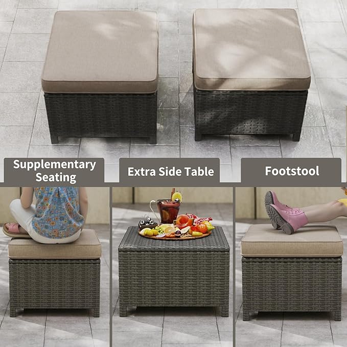 Kinsuite 7 PCS Patio Furniture Set, Outdoor Conversation Sets with Swivel Chairs & Ottomans, All-Weather Gray Wicker Sectional Sofa with Thicken Cushions for Garden, Lawn, Deck, Backyard, Khaki