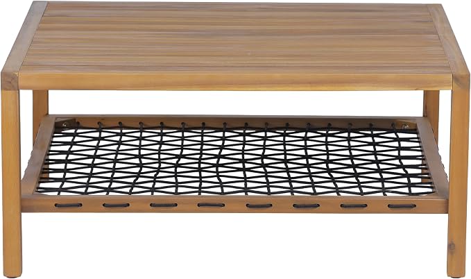 Christopher Knight Home Outdoor Acacia Wood Coffee Table with Woven Rope Storage Shelf Square Patio Coffee Table 35.43 Inch for Balcony Backyard Poolside Natural Wood Finish