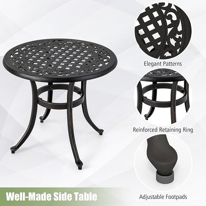 Tangkula 24 Inch Patio Side Table, Cast Aluminum End Table with Adjustable Footpads, Outdoor Small Coffee Table, Round Metal Patio Table for Poolside, Backyard, Balcony (1, Black)