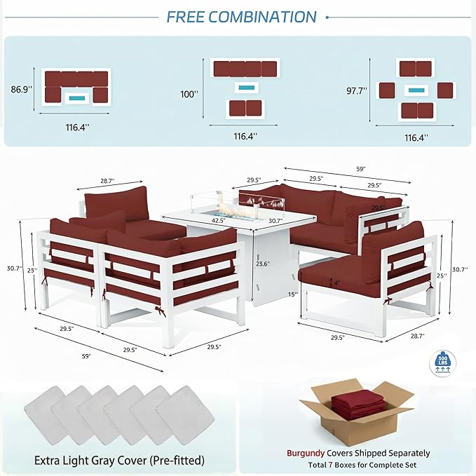 NICESOUL 6 People Large Luxury Aluminum Patio Conversation Set with Fire Pit Table Propane/Gas, 29" Deep Wide U Shaped Sectional Couch, 500 lbs Heavy Duty All Weather Outdoor Sofa for Backyard, Red