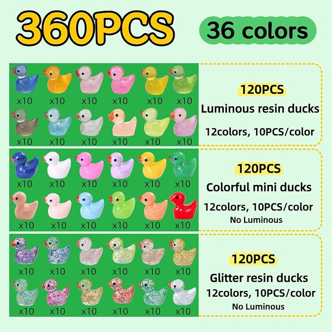 360PCS Mini Resin Ducks 36 Colors, Glitter & Luminous & Colorful Tiny Ducks | Miniature Tiny Plastic Animal Figures for Micro Landscape Fish Tank Garden Dollhouse DIY Decor