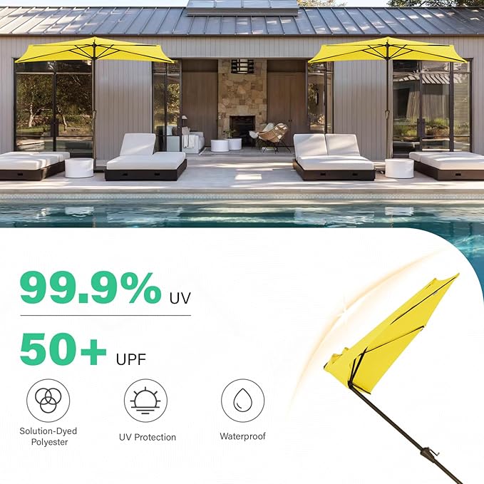 JEAREY 9ft Half Umbrella Outdoor Patio Umbrella Market Umbrellas with Crank, 1/2 Round Wall Umbrella 5 Sturdy Ribs UV Protection for Pool Garden Balcony Deck, Yellow