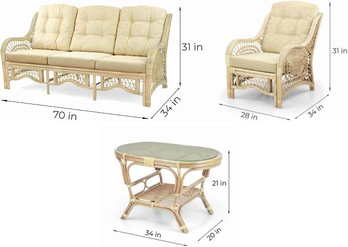 Malibu Lounge Set of 4: 2 Natural Rattan Wicker Chairs, Three-Seater Sofa with Cushions and Coffee Table with Glass Handmade, Natural (Cream Cushions)