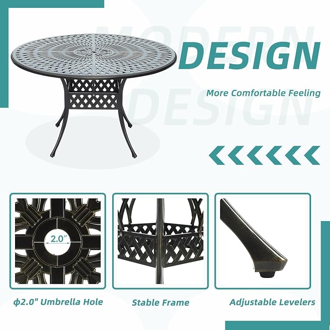 MEETWARM 61" Round Cast Aluminum Patio Dining Table, Weather-Resistant Large Outdoor Dining Table for 8 Person, Patio Furniture Table with Umbrella Hole and Adjustable Foot Pads, Dark Bronze