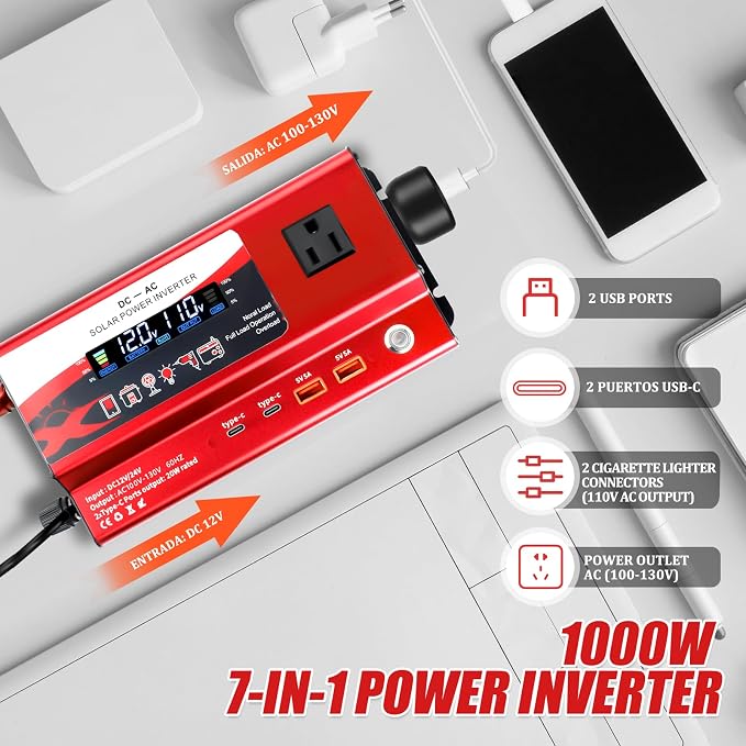 12V/24V Car Power Inverter Converter, Dual Type C Dual USB Dual Cigar Lighter Ambient Light LCD Display Adapter with Wide Compatibility, Suitable for Cars and Trucks (Red, 1000W)