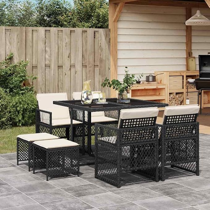 9 Piece Garden Dining Set, Black and Cream PE Rattan Outdoor Patio Furniture Set with Tempered Glass Table and Cushioned Seats for Backyard and Balcony