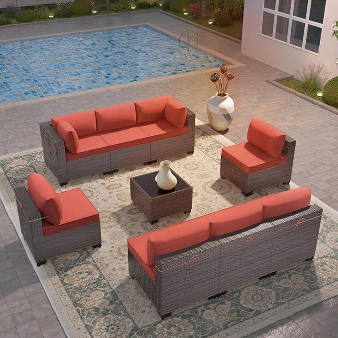 9 Pieces Outdoor Patio Furniture Sets,Wicker Conversation Set Sectional Sofa,Includes 8 All-Weather High Back PE Rattan Seating Components w/Thickened Cushions&Coffee Table,Red