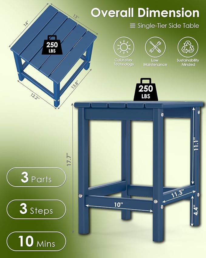 GREENVINES Adirondack-Outdoor-Side-Table | Set of 2 | Single-Tier | 14 x 13 Inches | HDPE Plastic | All Weather | Blue | Outside End Tables | for Patio Porch Backyard Indoor