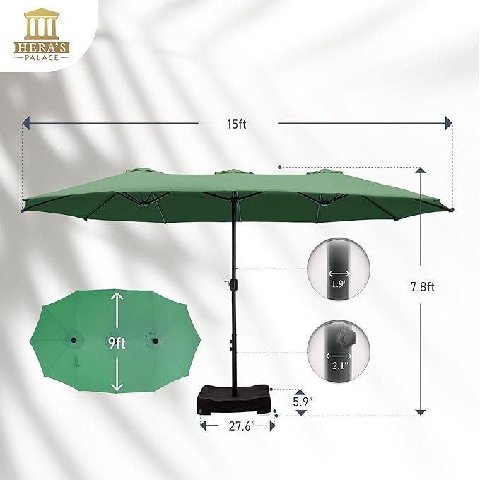 HERA'S PALACE 15ft Umbrella Patio Outdoor with Base Large Rectangle Table Double Market Umbrellas Clearance Included Stand for Deck Outside Pool Picnic Inground Yard Commercial, Mint