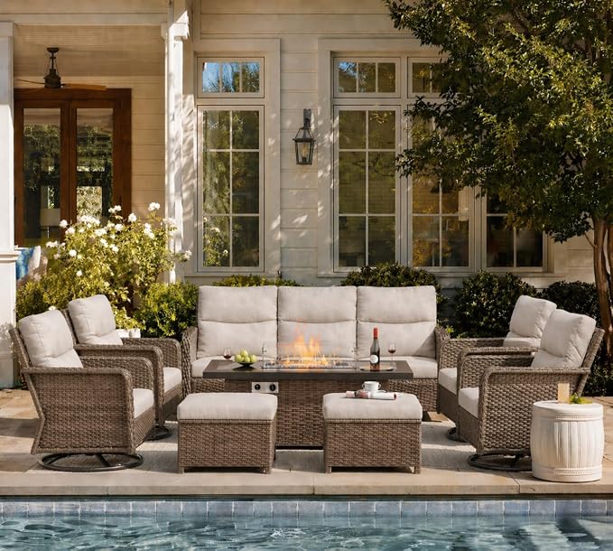 Yechen Patio Furniture Set 8 Peices with 44" Propane Gas Fire Pit Table -2 Wicker Swivel Rocking Chair, Outdoor Sectional Furniture Set with-4.3'' Cushion Conversation Sofa Set for Porch,Backyard