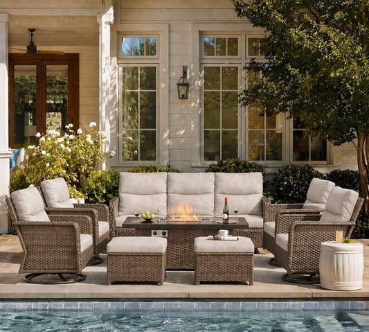 Yechen Patio Furniture Set 8 Peices with 44" Propane Gas Fire Pit Table -2 Wicker Swivel Rocking Chair, Outdoor Sectional Furniture Set with-4.3'' Cushion Conversation Sofa Set for Porch,Backyard