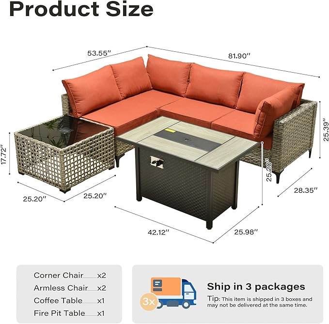 6 Pieces Patio Furniture Set with 42" Fire Pit, All-Weather Rattan Outdoor Sectional Conversation Sets L Shaped Sofas with Solar Light Coffee Table for Porch Balcony Backyard Orange