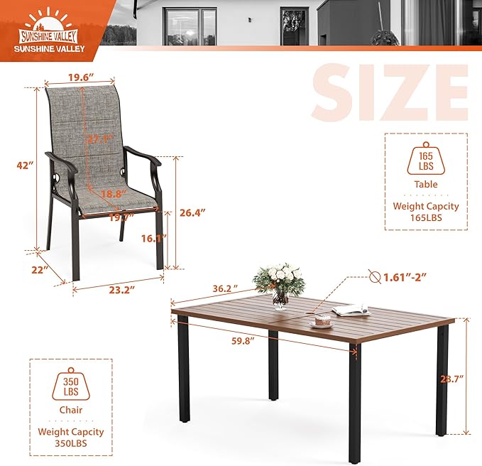 SUNSHINE VALLEY 7 Piece Outdoor Dining Set for 6, Outdoor Table and Chairs Set for 6 with 1 Patio Dining Table(1.61"-2" Hole) and 6 Textilene Patio Chairs, Patio Dining Set for Deck Backyard