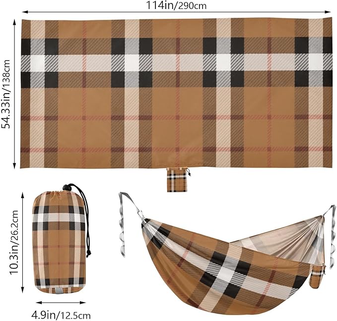 Black White Brown Checkered Plaid 330lb Capacity Camping Hammock with Hanging Rope Swing Hammock for Patio Backyard Lounge Base Bases para hamacas para adultos