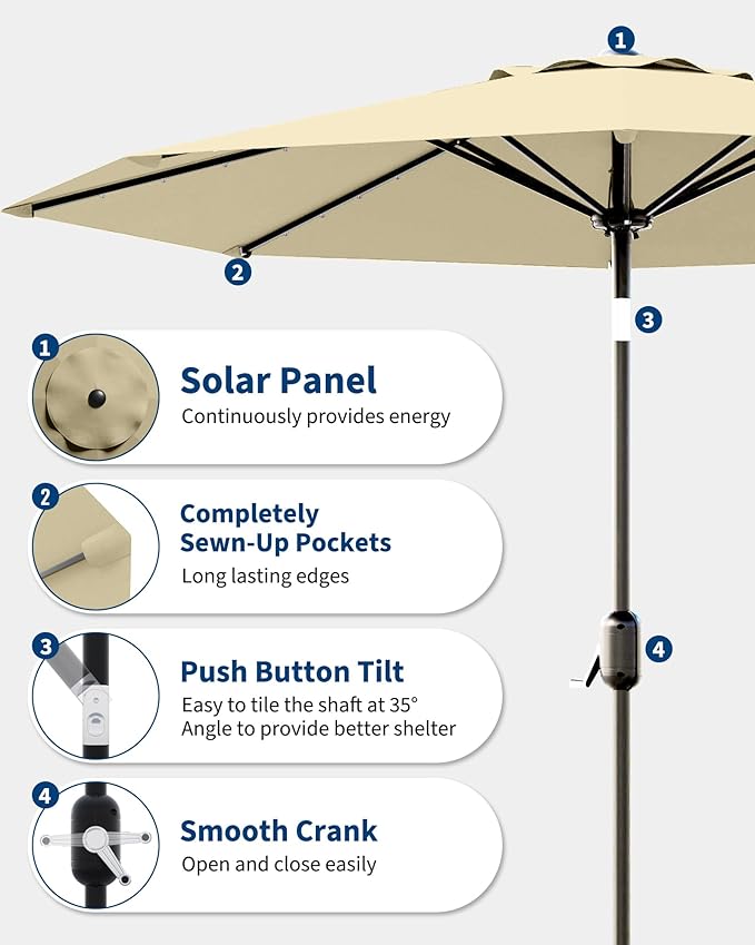 GarveeLife Patio Umbrella with Lights, 8 Ribs Outdoor Market Table Umbrella for Pool, Deck, Backyard (Beige, 9 ft)