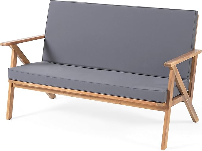 Christopher Knight Home Panama Outdoor Acacia Wood Chat Set with Water Resistant Cushions, 4-Pcs Set, Teak Finish / Grey