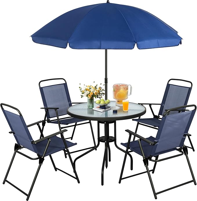 Vongrasig WM 6 Pieces All Weather Folding Patio Dining Set, Small Metal Outdoor Table and Chairs Set, Dark Blue
