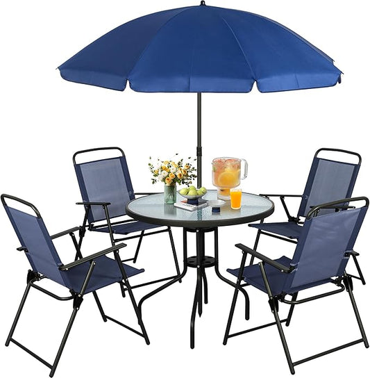 Vongrasig WM 6 Pieces All Weather Folding Patio Dining Set, Small Metal Outdoor Table and Chairs Set, Dark Blue