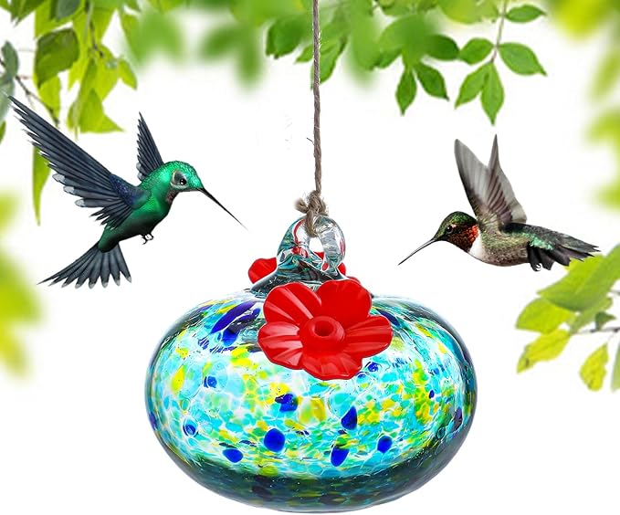 3.3OZ Glass Hummingbird Feeder with 2 Feeding Ports 3inch Blown Glass Hummingbird Feeder for Outdoors Hanging Garden Patio Decoration Uniques Gifts for Women