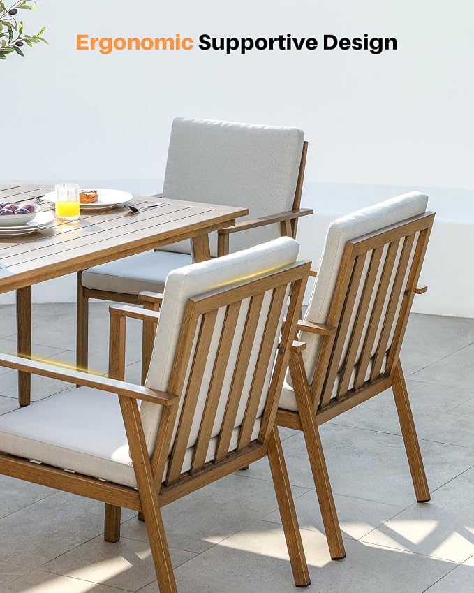 6 Pieces Never-Rust Outdoor Dining Set, Aluminum 8-Person Dining Table with 4 Chairs and 3-Person Backless Bench, Outdoor Patio Dining Furniture Set with Cushion for Lawn, Deck, Garden, Teak