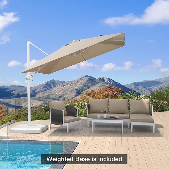 PURPLE LEAF 9 FT White Patio Umbrella With Base Outdoor Cantilever Umbrellas Square Offset Umbrella Windproof with 360° Rotation for Garden Deck Pool, Beige