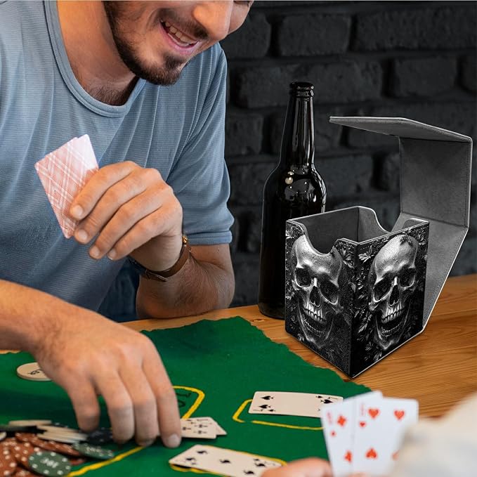 Dark Skull Card Deck Box for MTG, Personalized Card Storage Case Fits 120+ Sleeved Cards, Premium Leather TCG Box with Strong Magnetic Closure for Magic, CCG, PTCG, Baseball Cards