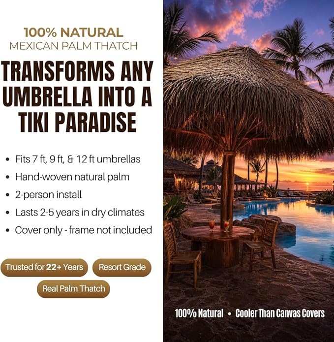 amaZulu Tiki Thatch Umbrella Cover 7ft – Hand-Woven Mexican Palm Leaf, Natural Tiki Bar & Patio Shade Cap, Fits Standard Commercial Grade Metal Frame Umbrellas, Lasts 2–5 Years in Dry Climates