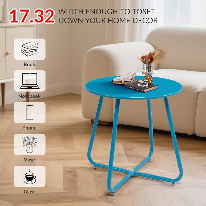 Patio Small Side Table Waterproof Round Metal Steel Weather Resistant Portable Outdoor and Indoor End Table for Garden Balcony Yard,Sky Blue