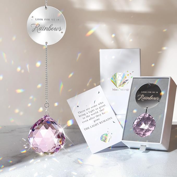 Mooncraftlogy Memorial Gift for Loss of Loved One, Light Crystal Suncatcher | Unique Sympathy Idea, Pink Memory Prism Crystal Ball, Grief Rainbow Sun Catcher, Bereavement Box for Mom Dad Son Daughter