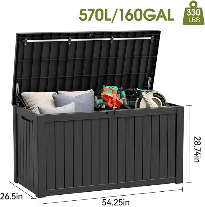 Outdoor Storage Box, Resin Deck Boxes Indoor and outdoor, Waterproof Storage Box Lockable Lid (Black, 160 Gallon)