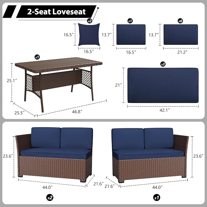 KIGOTY 7 Piece Patio Furniture Set, Outdoor PE Wicker Rattan Outdoor Dining Set, Patio Table and Chairs Set, Patio Conversation Sofa Set with Dining Table and Ottoman(Brown-Navy)