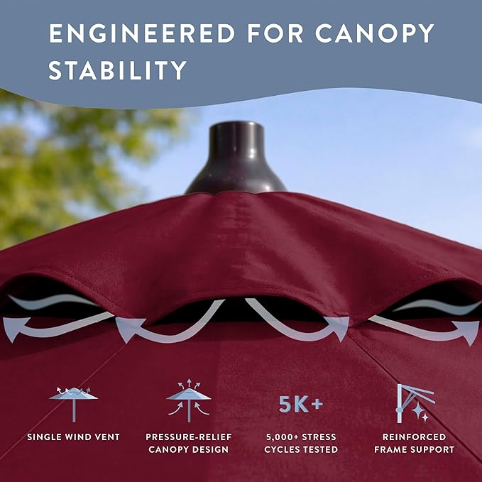 California Umbrella 10-Year Protection 7.5 Ft Outdoor Patio Umbrella, Pacifica Fade-Resistant Fabric, Auto-Tilt, Heavy Duty Aluminum Frame, 8 Reinforced Ribs for Pool or Deck, Bronze Pole, Burgundy