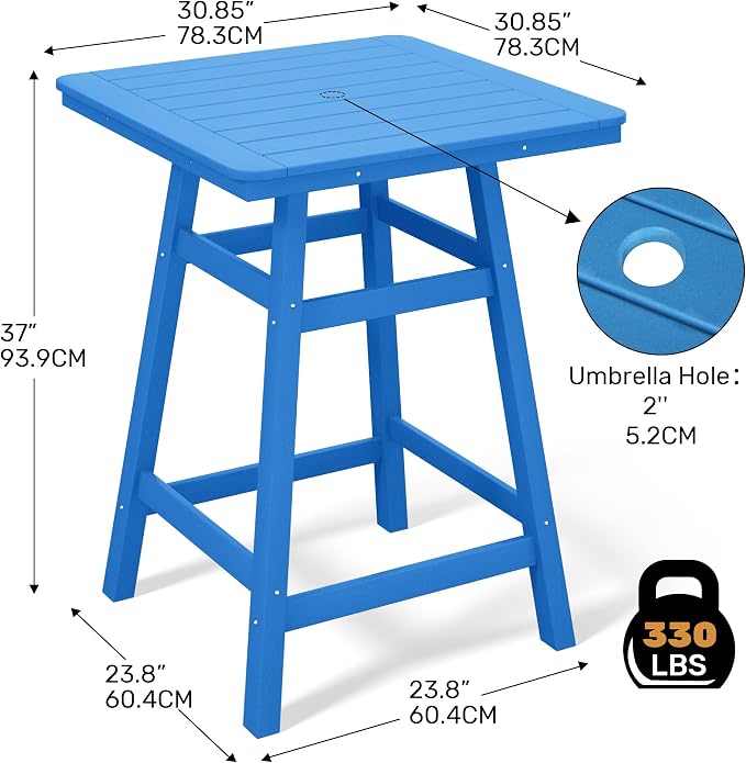 Costaelm Outdoor Bar Table, 37" Counter Height Square Patio Cocktail Bar Table with Umbrella Hole, Patio Bistro Dining Pub Table for Front Porch Deck Backyard Garden, Pacific Blue