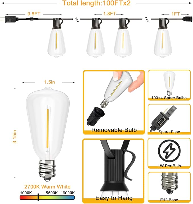 Svater 200 FT Outdoor String Lights LED, Waterproof for Outside Patio | 104 Shatterproof ST38 Dimmable Bulbs, Hanging Lighting For Bistro Market Backyard, ETL Listed 2700K (100 FT *2)