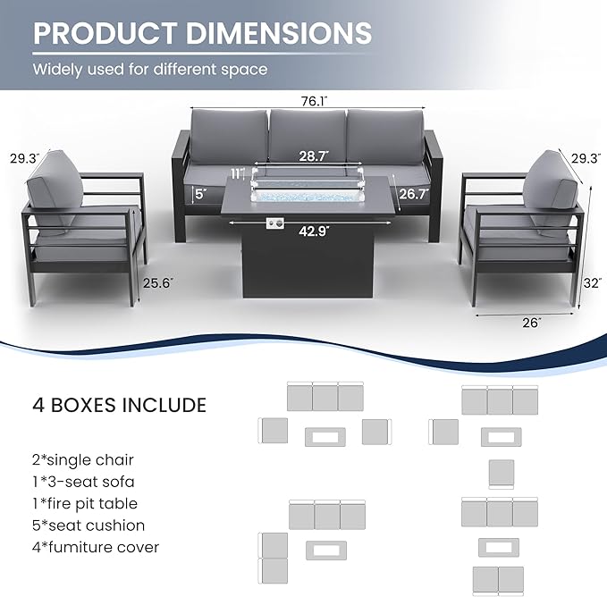 Amopatio Patio Furniture with Fire Pit, 6 Pcs Aluminum Outdoor Sectional Metal Patio Sofa Sets with Aluminum Fire Pit Table for Backyard(Included Waterproof Covers)
