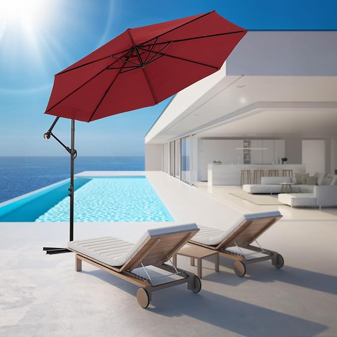 Backyard Expressions 10ft Offset Hanging Patio Umbrella with Crank Lift & Tilt, Outdoor Market Umbrella with UV-Resistant Canopy, Cross Base, and Air Vent for Backyard - Red