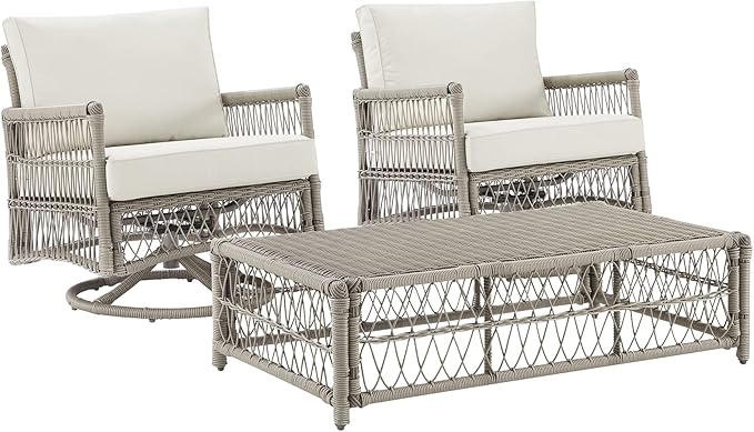 Crosley Furniture Thatcher 3-Piece Outdoor Swivel Rocker Chair and Ottoman Patio Furniture Set, Wicker Conversation Sets for Porch, Driftwood with Creme Cushions
